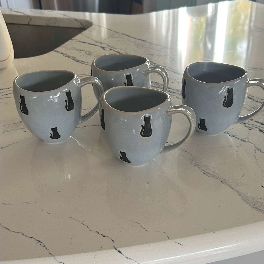 Anthropologie Light Gray Blue Cat Mug set of 4